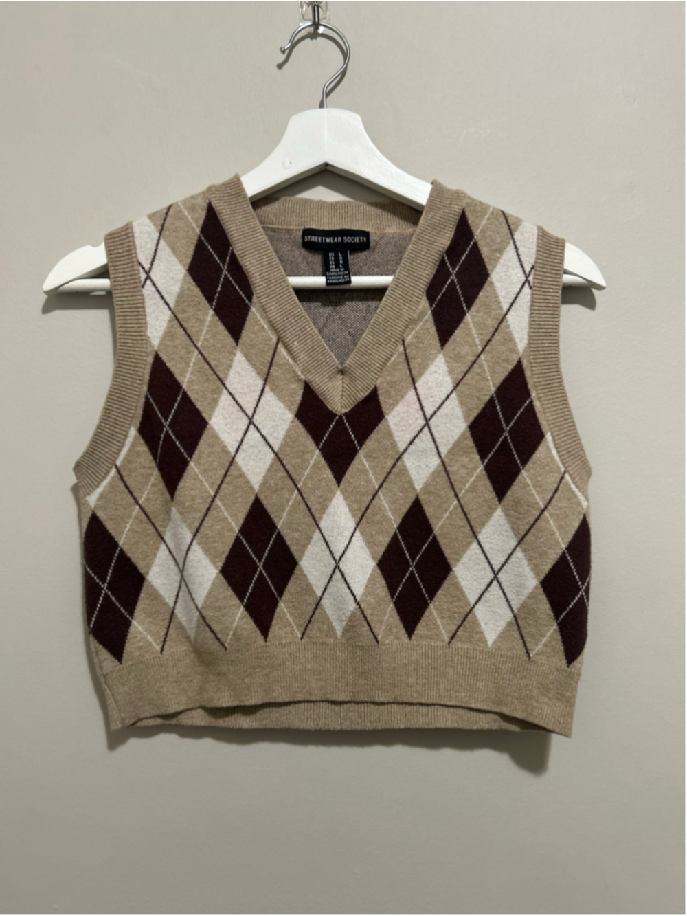 Women's Argyle V-Neck Sweater Vest, Size L, Beige/Brown